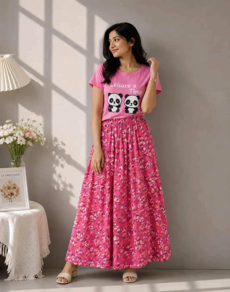 Women's Linen Skirt and DTF Print T-Shirt Set, 160 GSM Pure Cotton