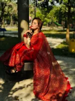ব্লক প্রিন্ট সেমি মসলিন শাড়ি, কটন ভয়েল ব্লাউজ, 14 হাত