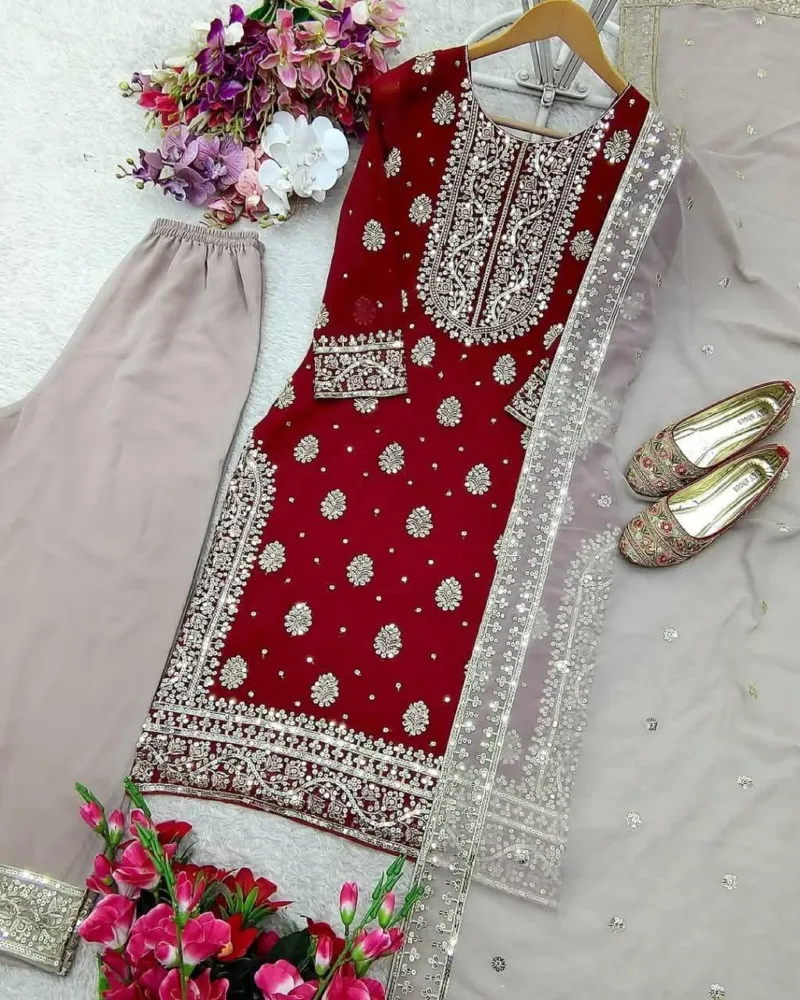ফক্স জর্জেট সিকুইন এমব্রয়ডারি থ্রি পিস, L থেকে XXL