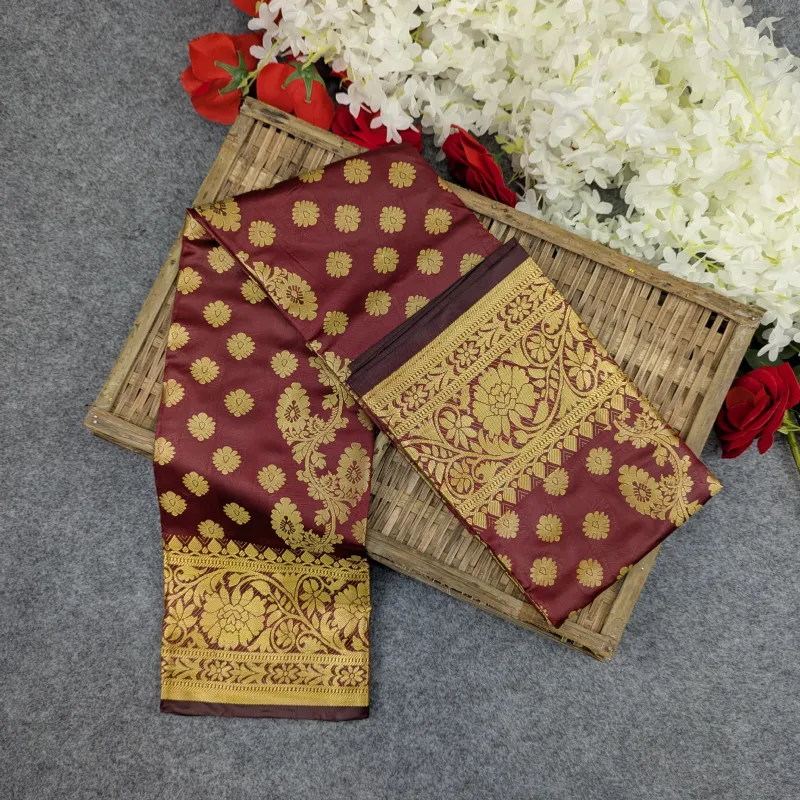 সিল্ক কাতান শাড়ি কম্বো সেট - মেরুন
