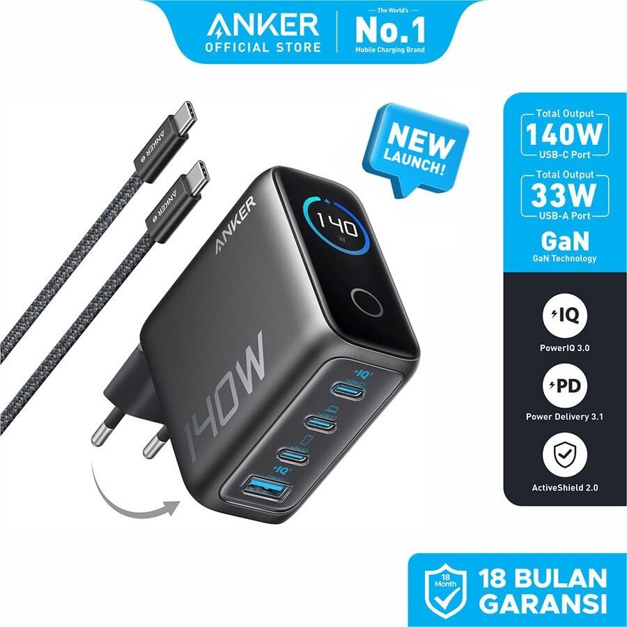 Original Anker B2697 Charger (140W, 4-Port, PD 3.1) with USB-C Cable