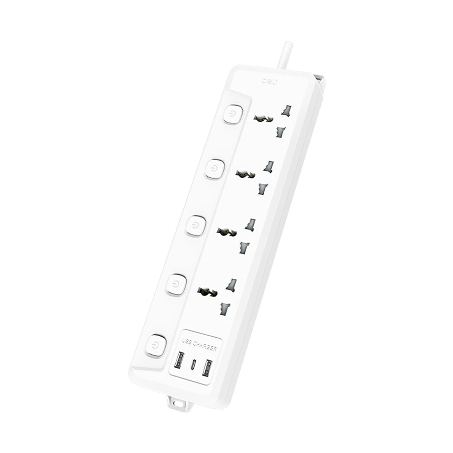 Deli CT711 2 Pin 4 Port Power Strip with 2 USB and USB-C 2 Meter