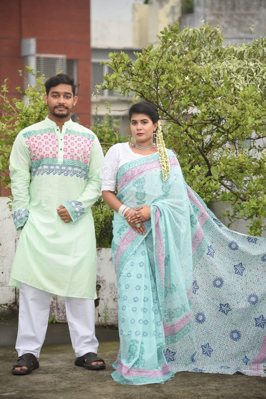 Block Print Couple Saree and Panjabi Set, Panjabi Sizes S to XL
