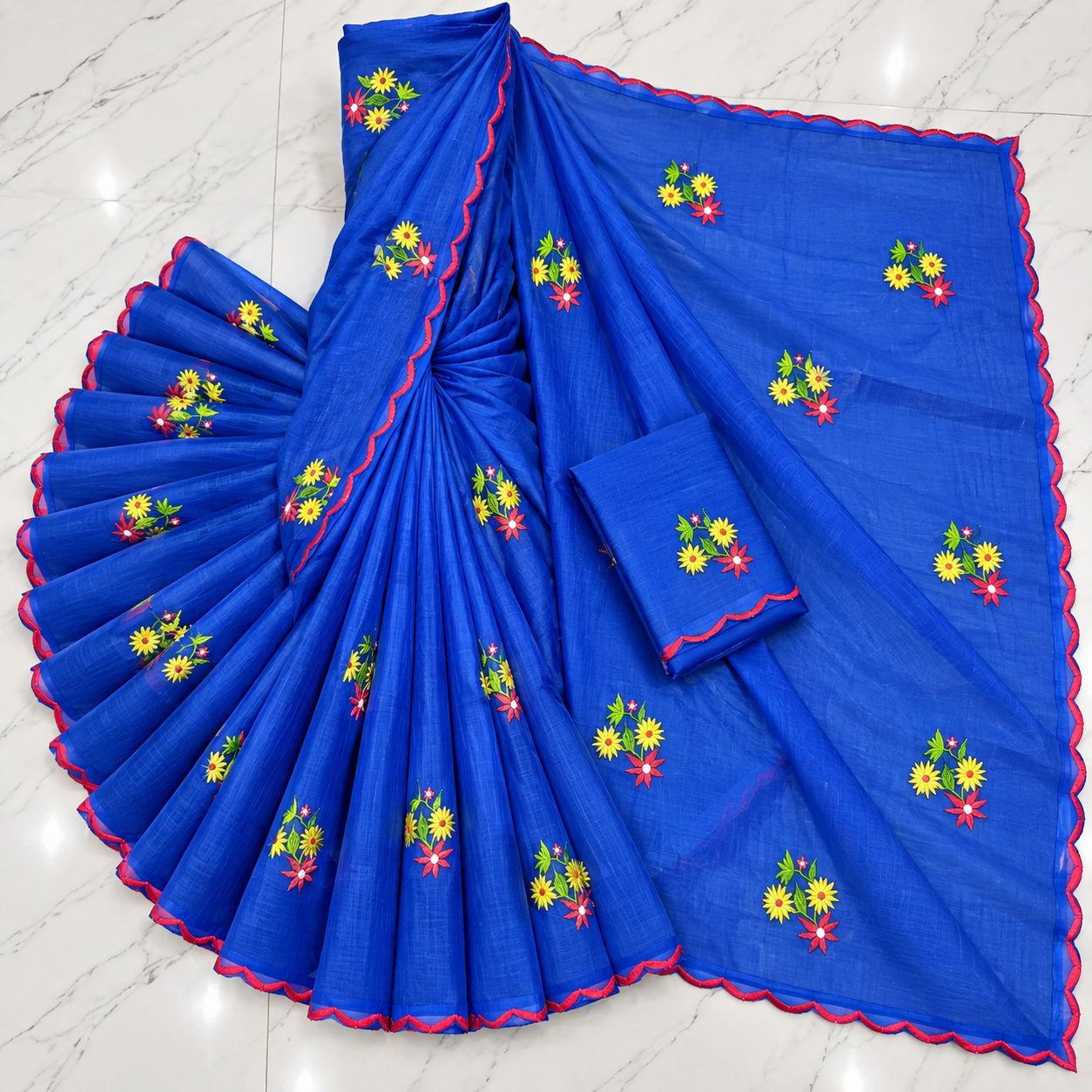 Exclusive Royal Blue Cotton Saree with Scalloped Embroidered Border