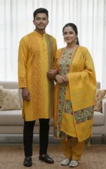 Block Print Three Piece and Dhupian Silk Panjabi Matching Set