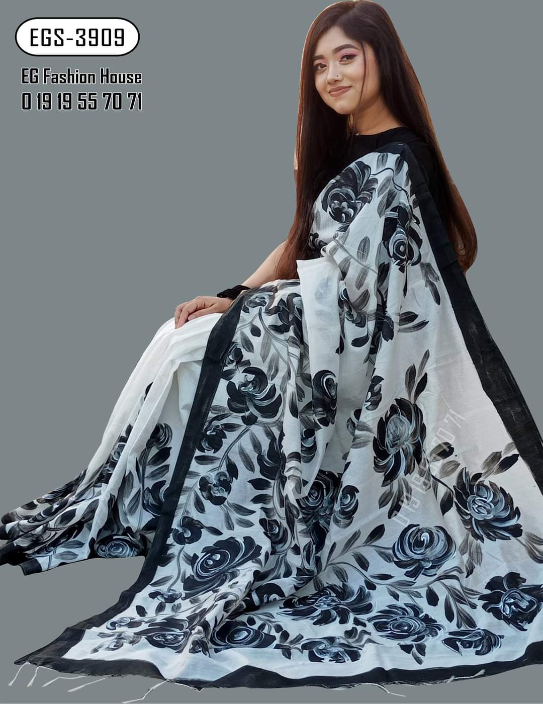 Half Silk Saree with Hand Brush Print, 12 Haath Length