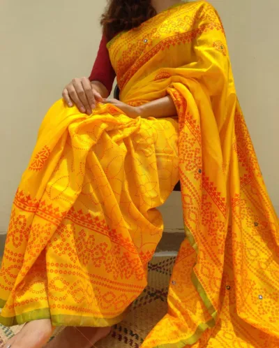 রেশম সিল্ক চুনরি ব্লক প্রিন্ট শাড়ি, ডলার ওয়ার্ক, 13 হাত