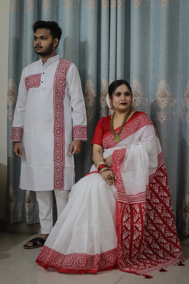 Pohela Boishakh Couple Dress, Tassel Saree with Silk Panjabi