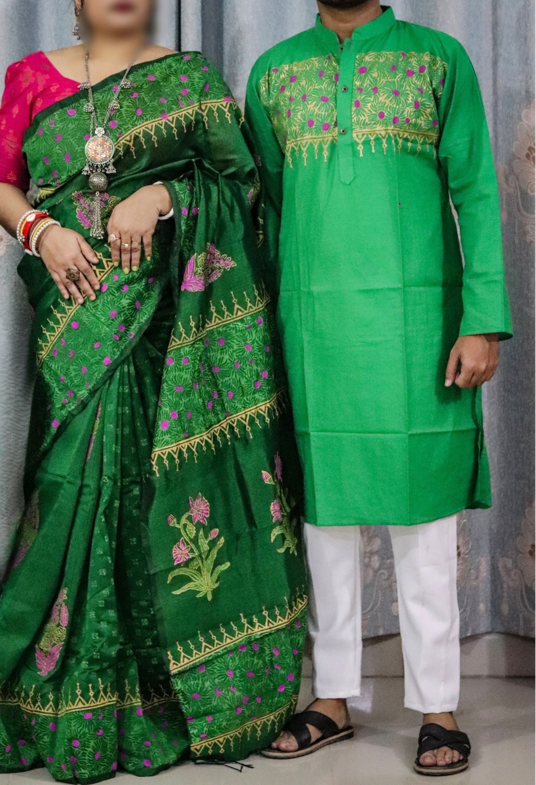 Couple Dhupian Silk Saree and Panjabi Set with Block Print