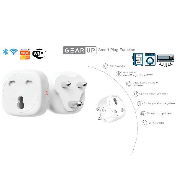 GearUP SP16 এনার্জি মনিটরিংসহ Tuya WiFi স্মার্ট প্লাগ 250V, 16A, এসির জন্য