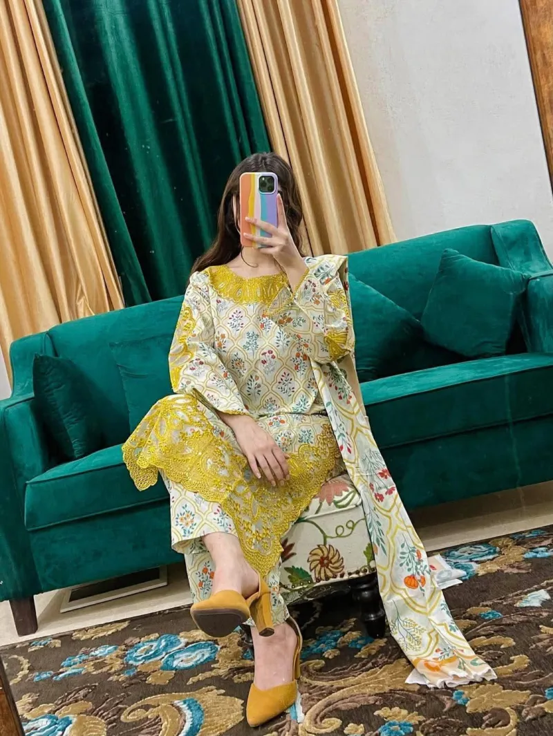 মেয়েদের পিওর কটন এমব্রয়ডারি থ্রি-পিস, 6টি রঙ