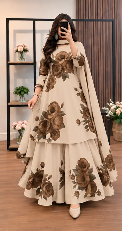 Micro Stitch Digital Print Three Piece with Chiffon Orna