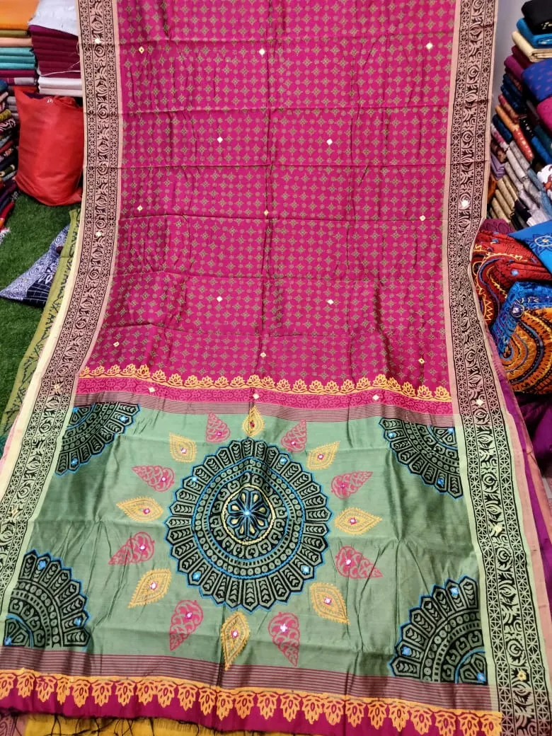 Embroidery Work Dhupian Silk Saree, Block Print, 6 Colour Choices