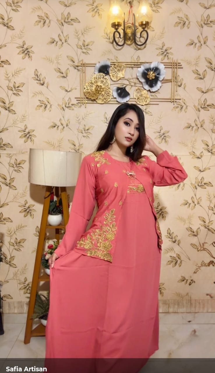 Women's Cherry Georgette Long Koti Gown with Zari Embroidery