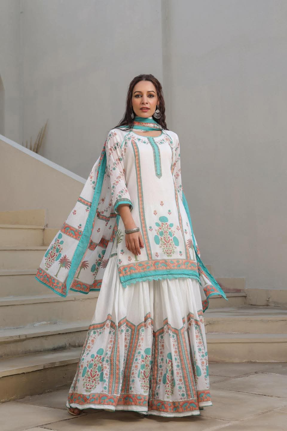 Cotton Sharara Three Piece Set with Fine Cotton Orna