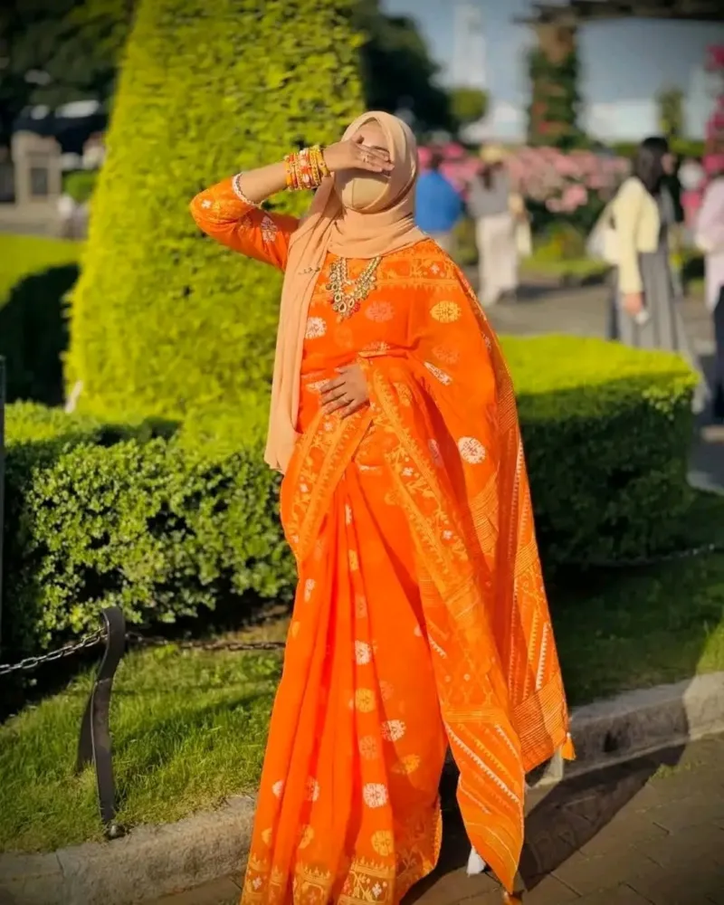 Soft Half Silk Screen Print Saree, Jamdani Pattern, 3 Colours