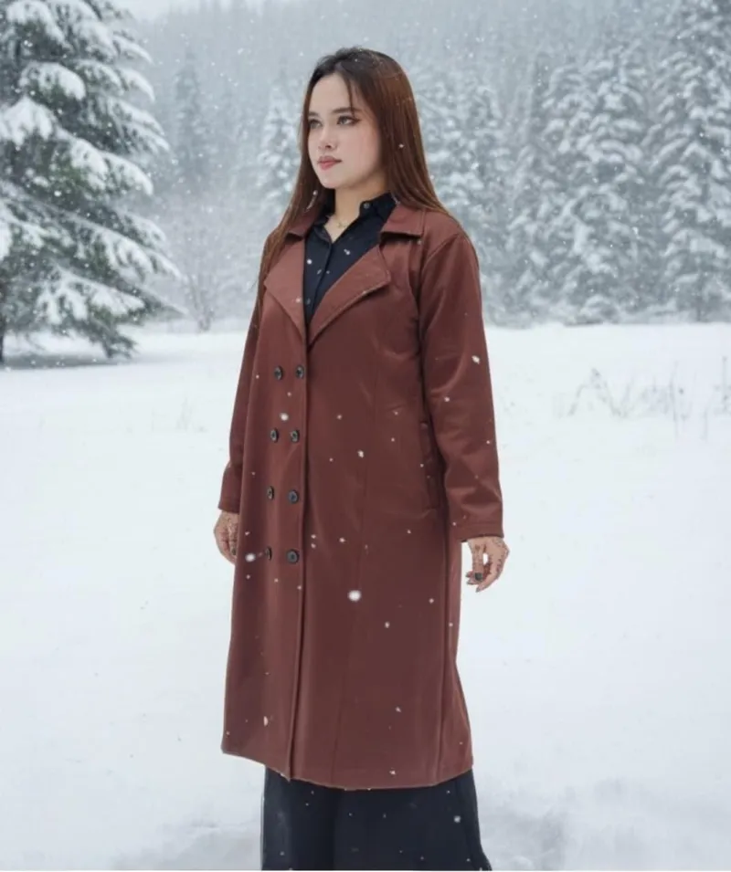 Women's Suede Leather Overcoat with Buttons and Side Pockets