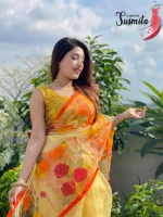 মহিলাদের হাতে ব্রাশ পেইন্ট করা হাফ সিল্ক শাড়ি