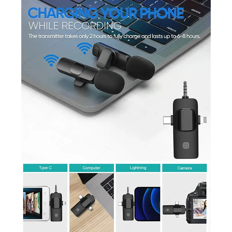 3-ইন-1 ওয়্যারলেস লেভেলিয়ার মাইক্রোফোন, iPhone, Type-C ও 3.5mm