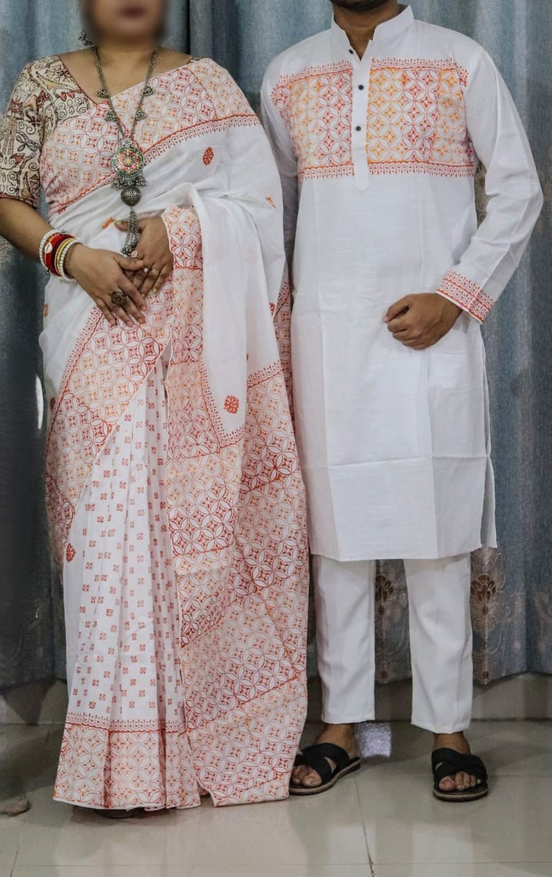 Couple Dhupian Silk Saree and Panjabi Set with Block Print