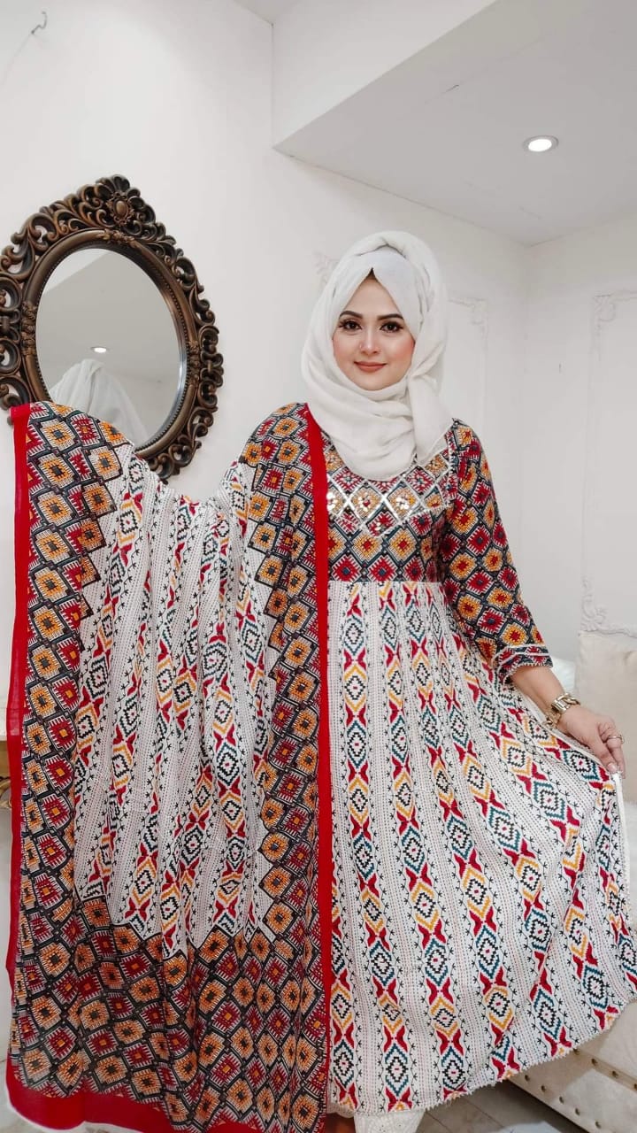 Jamdani Naira Cut Linen Three Piece, 50 Inch Kameez