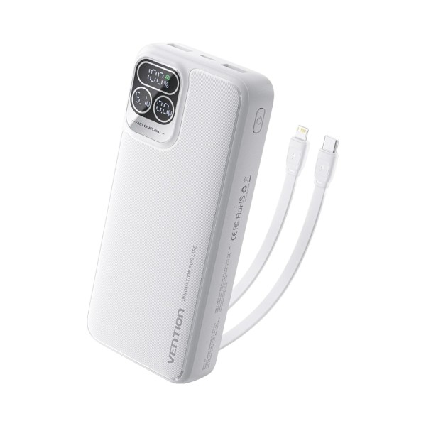 VENTION 22.5W 20000mAh পাওয়ার ব্যাংক বিল্ট-ইন USB-C ও Lightning কেবলসহ – সাদা