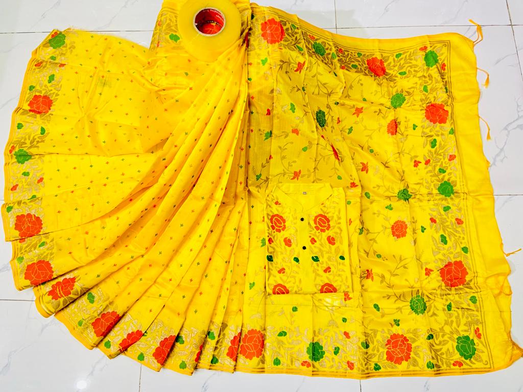 Dhupian Silk Couple Set, Screen Print Saree and Panjabi, S to XL