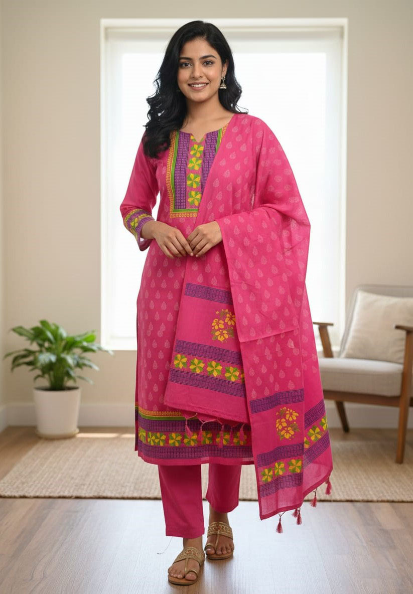 Women's Unstitched Cotton Voile Three Piece, Full Sleeve Kameez