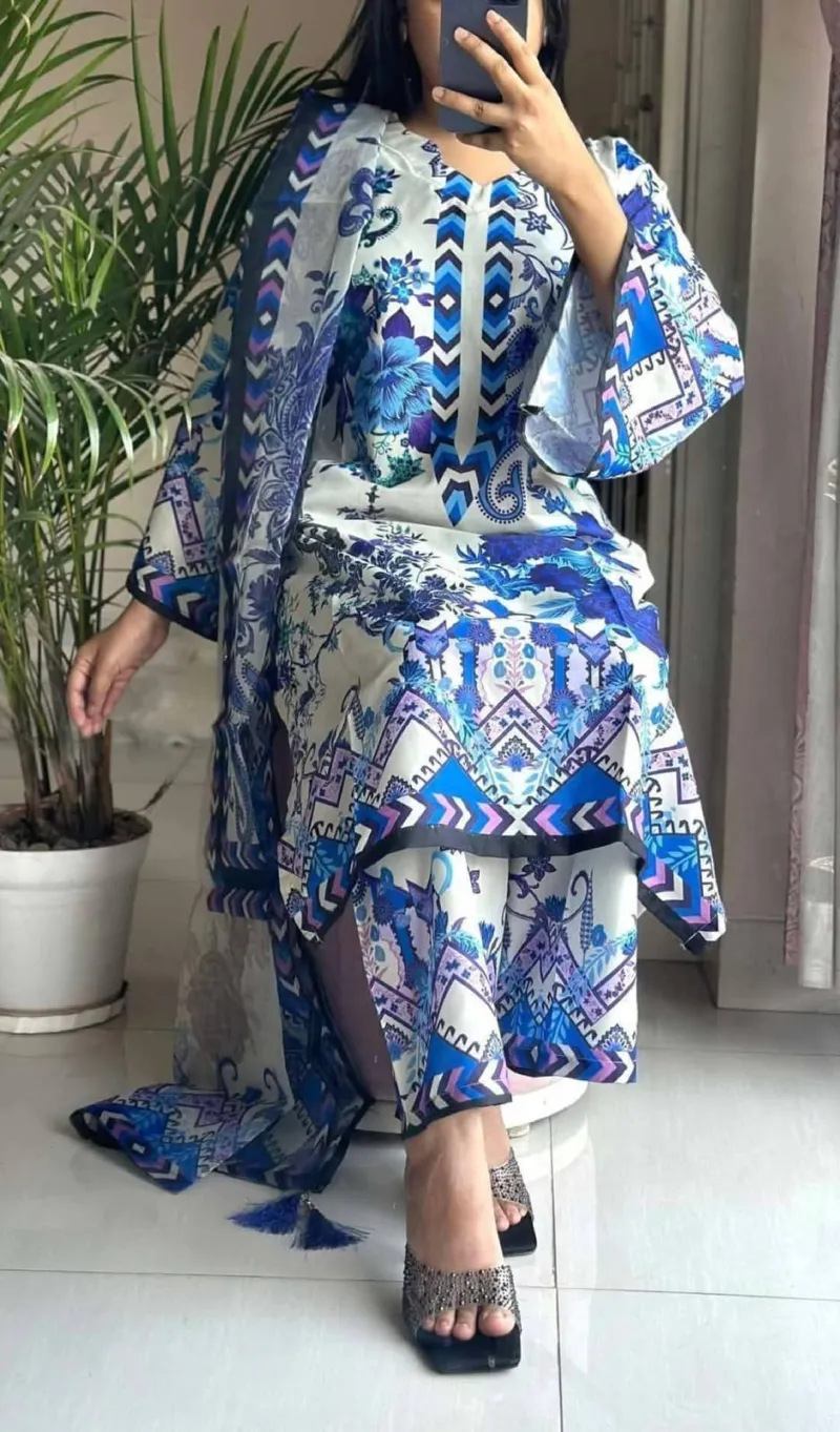 AC Cotton Screen Print Three Piece with Butter Silk Salwar