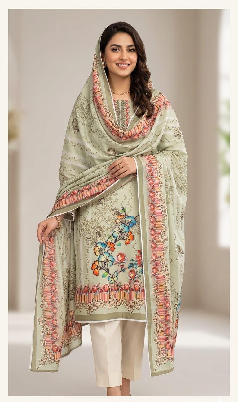 Unstitched Pure Cotton Digital Print Three Piece with Aari Work