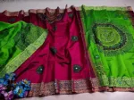 Women's Block Printed Dhupian Silk Saree, Embroidery Work