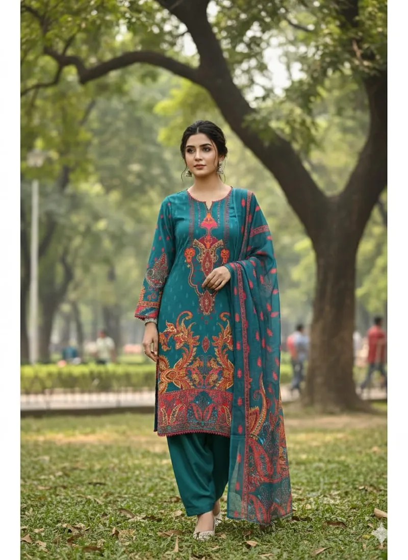 Women's Silk Digital Print Three Piece with Semi Cotton Orna