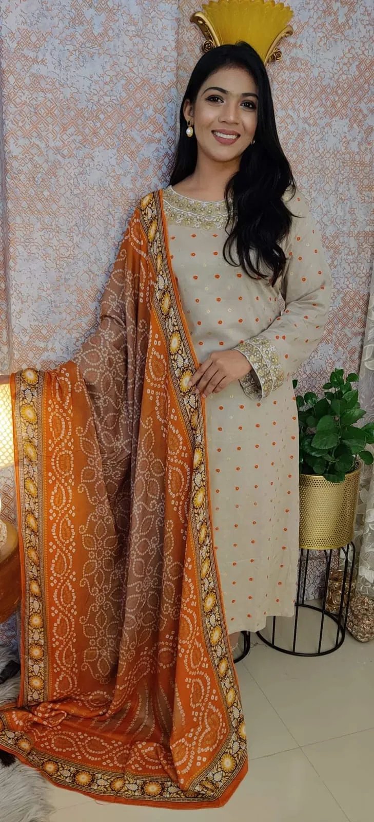 Linen Embroidery Three Piece with Screen Print and Cotton Orna