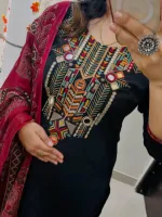 Women's Slub Cotton Three Piece with Heavy Chest Embroidery