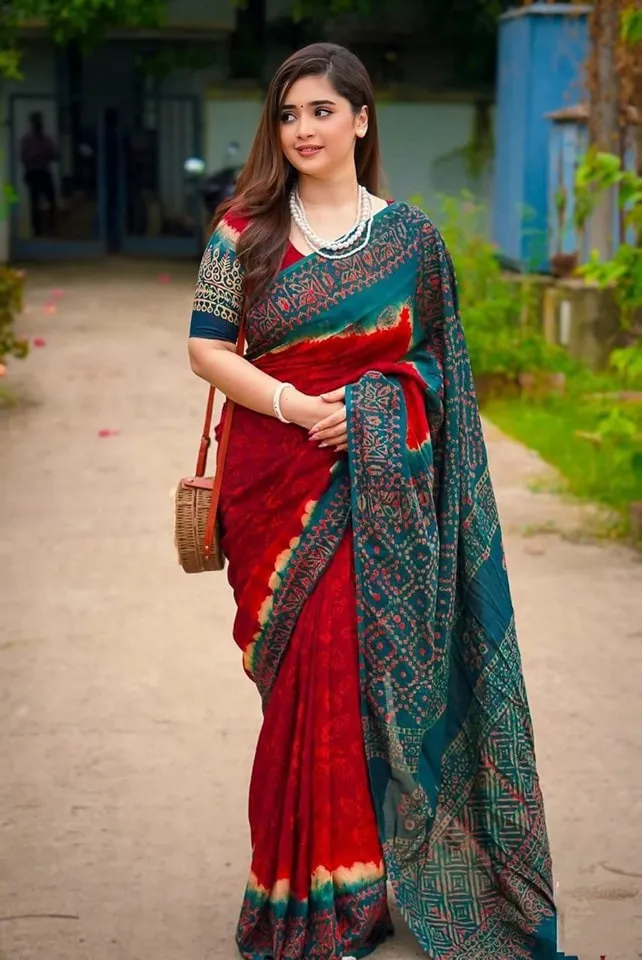 Batik Design Digital Print Soft Silk Saree with Bead Tassels