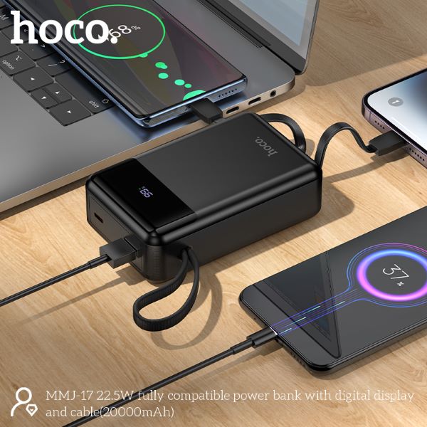 Hoco MMJ-17 22.5W Power Bank – 20000mAh Built-in Lightning & Type-C Cables