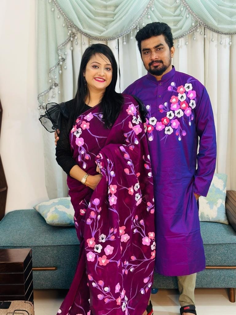 Couple Set with Hand Brush Print Saree and Dhupian Silk Panjabi