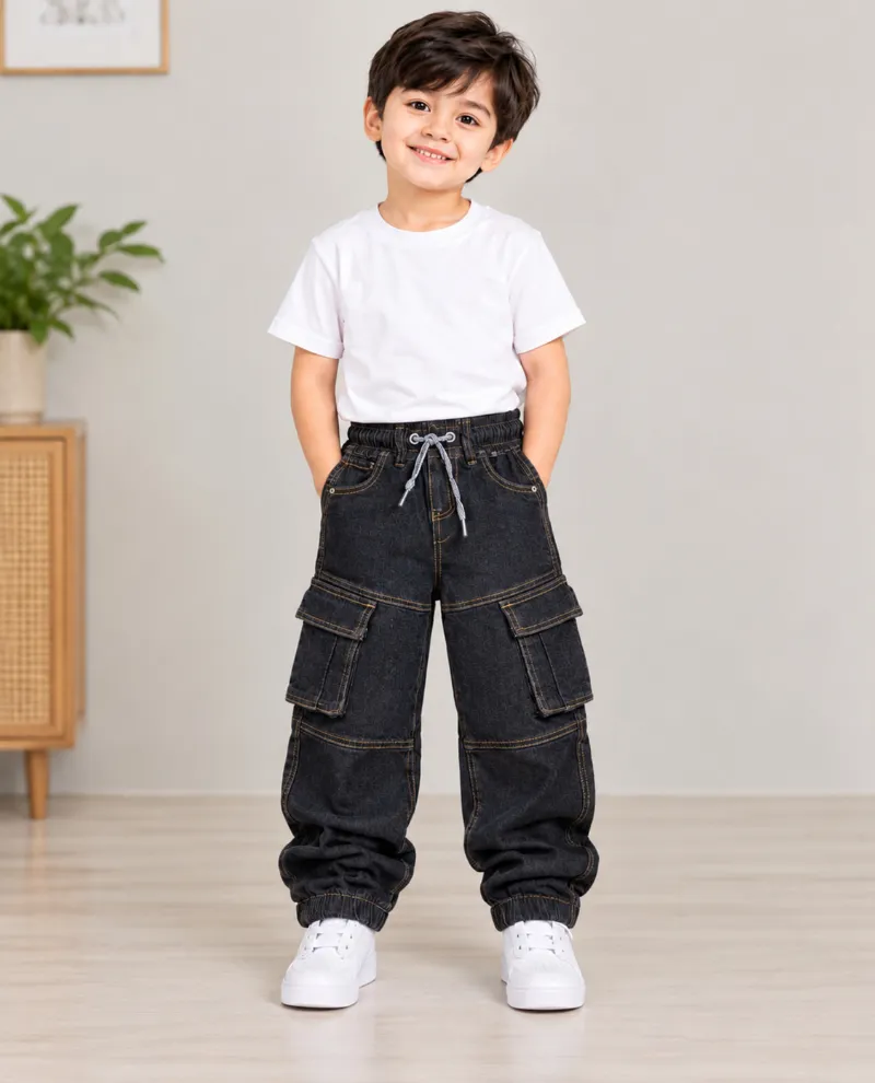 Boys' Six Pocket Cotton Denim Baggy Joggers, 2 to 12 Years