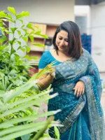 Semi Muslin Block Print Saree with Embroidery and Dollar Work