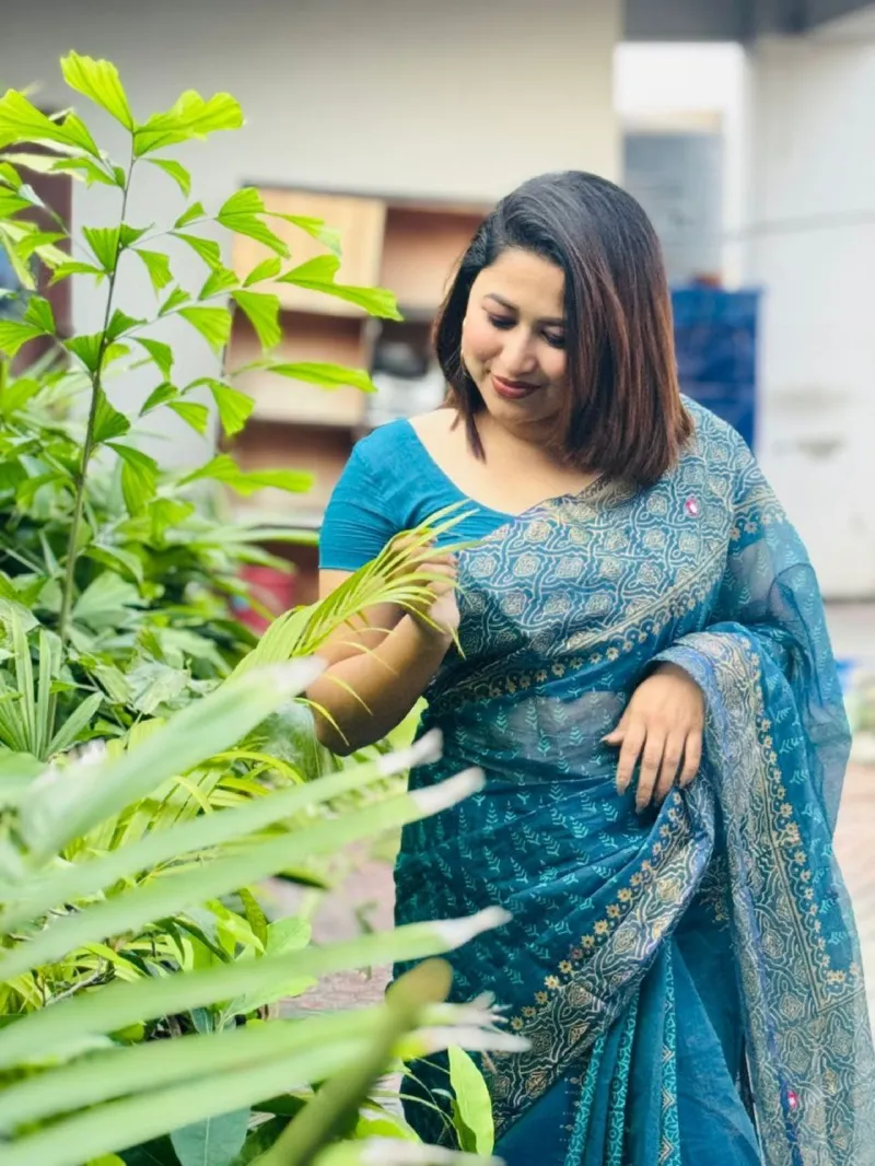 Semi Muslin Block Print Saree with Embroidery and Dollar Work