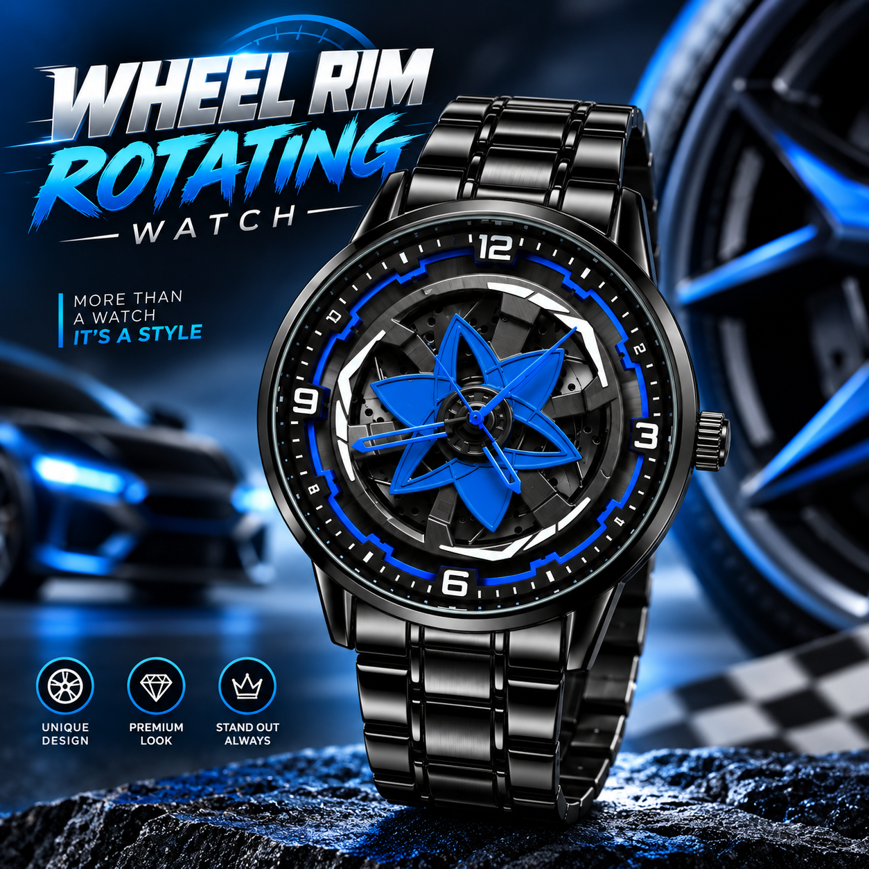 360° Rotating Car Wheel Rim Quartz Watch – Matte Black Metal Sports Wristwatch, 3D Alloy Rim & Brake Disc Dial, Stainless Steel Strap & Scratch-Resistant Glass for Men