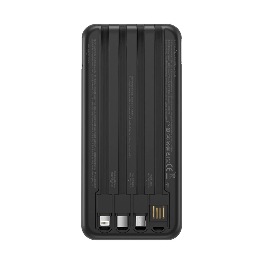 WiWU Essen P-08B 10000mAh 12W Power Bank with 4 Built-in Cables Black