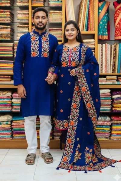 Panjabi and Three Piece Couple Set in Block and Hand Print