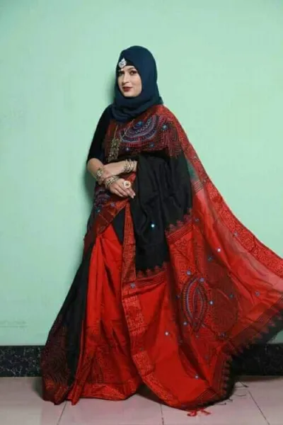 12 Haath Half Silk Saree with Hand Print Work, 6 Colours