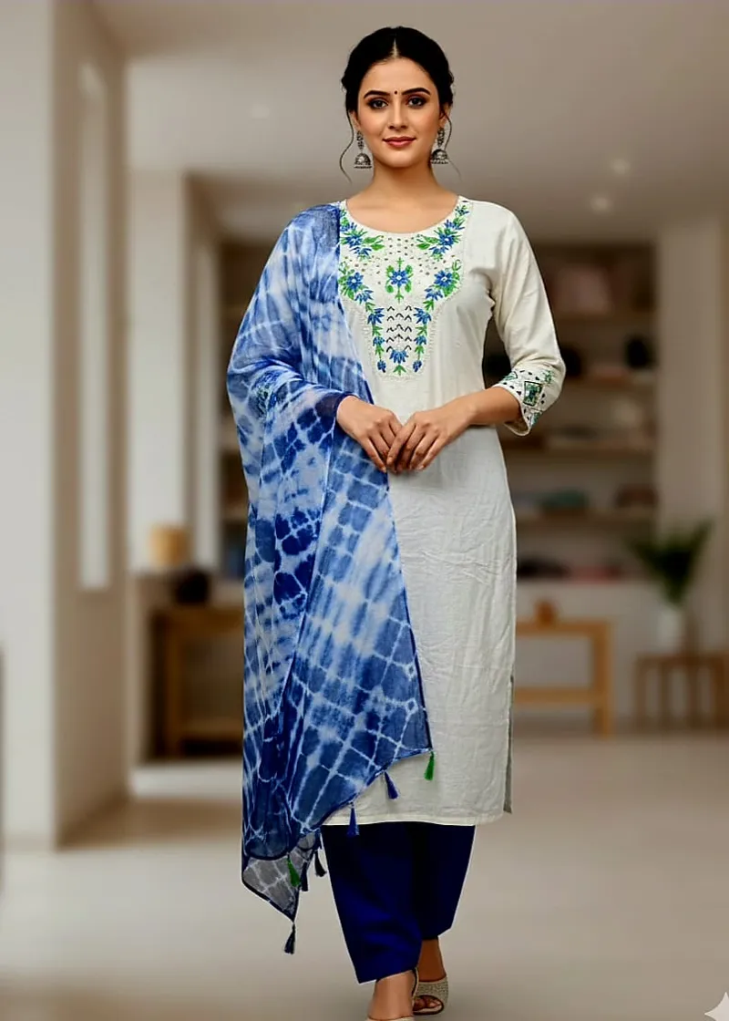 Unstitched Soft Cotton Three Piece with Embroidered Neck and Sleeves