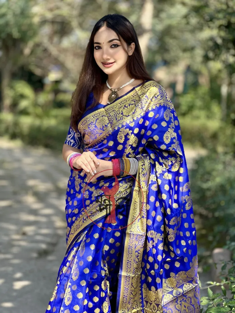 মেয়েদের সিল্ক কাতান শাড়ি, ফুল বডি জরির সুতার কাজ, 6 রং