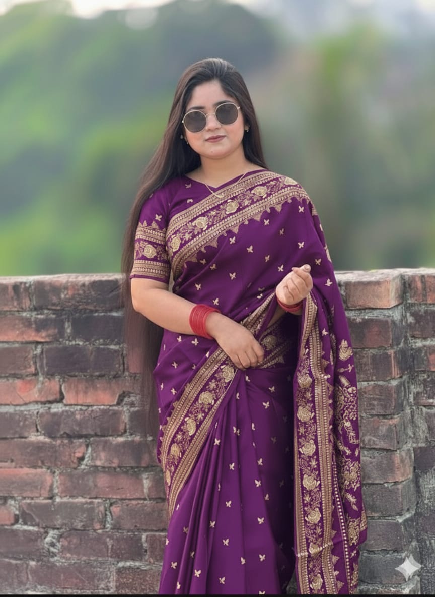 মহিলাদের স্ক্রিন প্রিন্ট সিল্ক শাড়ি, ম্যাচিং ব্লাউজসহ