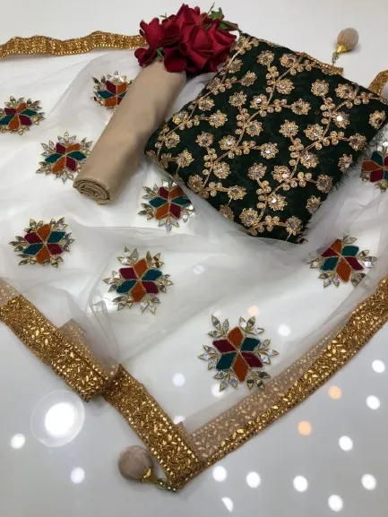 আধা সেলাই করা জর্জেট এমব্রয়ডারি থ্রি পিস, বডি 52 পর্যন্ত, 5 রং