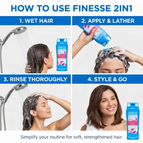 Finesse Restore + Strengthen ময়েশ্চারাইজিং 2in1 শ্যাম্পু + কন্ডিশনার 384ml