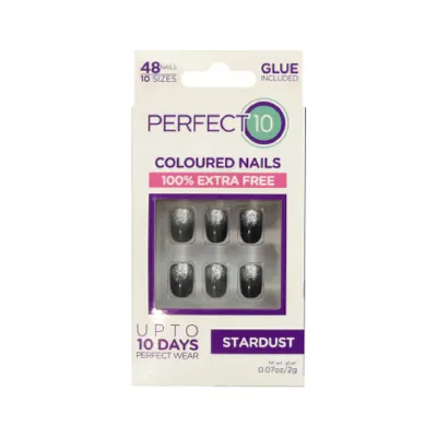 Perfect 10 Stardust রঙিন ফলস নেইল, আঠাসহ - কালো ও সিলভার 48 পিস